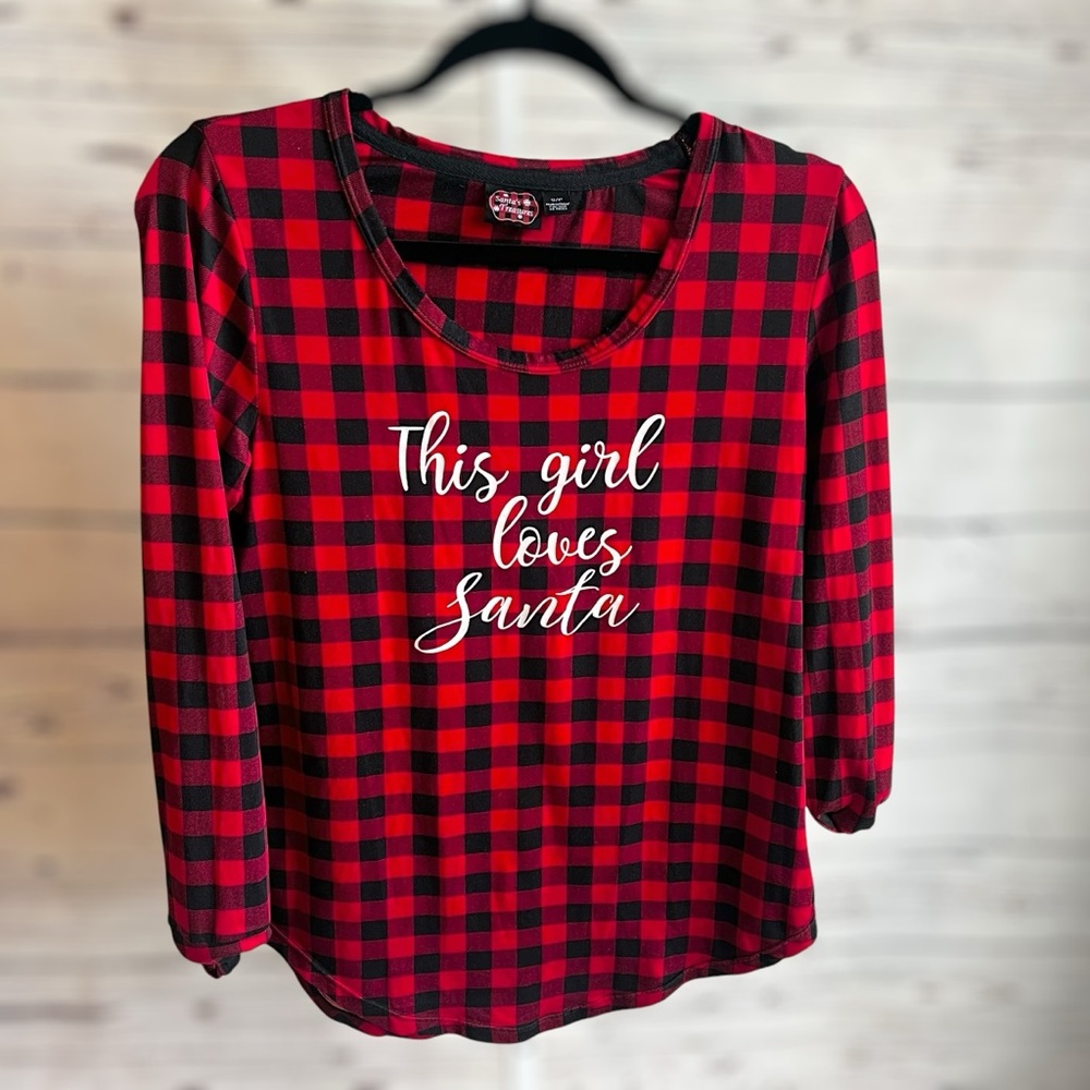 Santa's Treasures This Girl Loves Santa Christmas Holiday Top Buffalo Plaid S/P